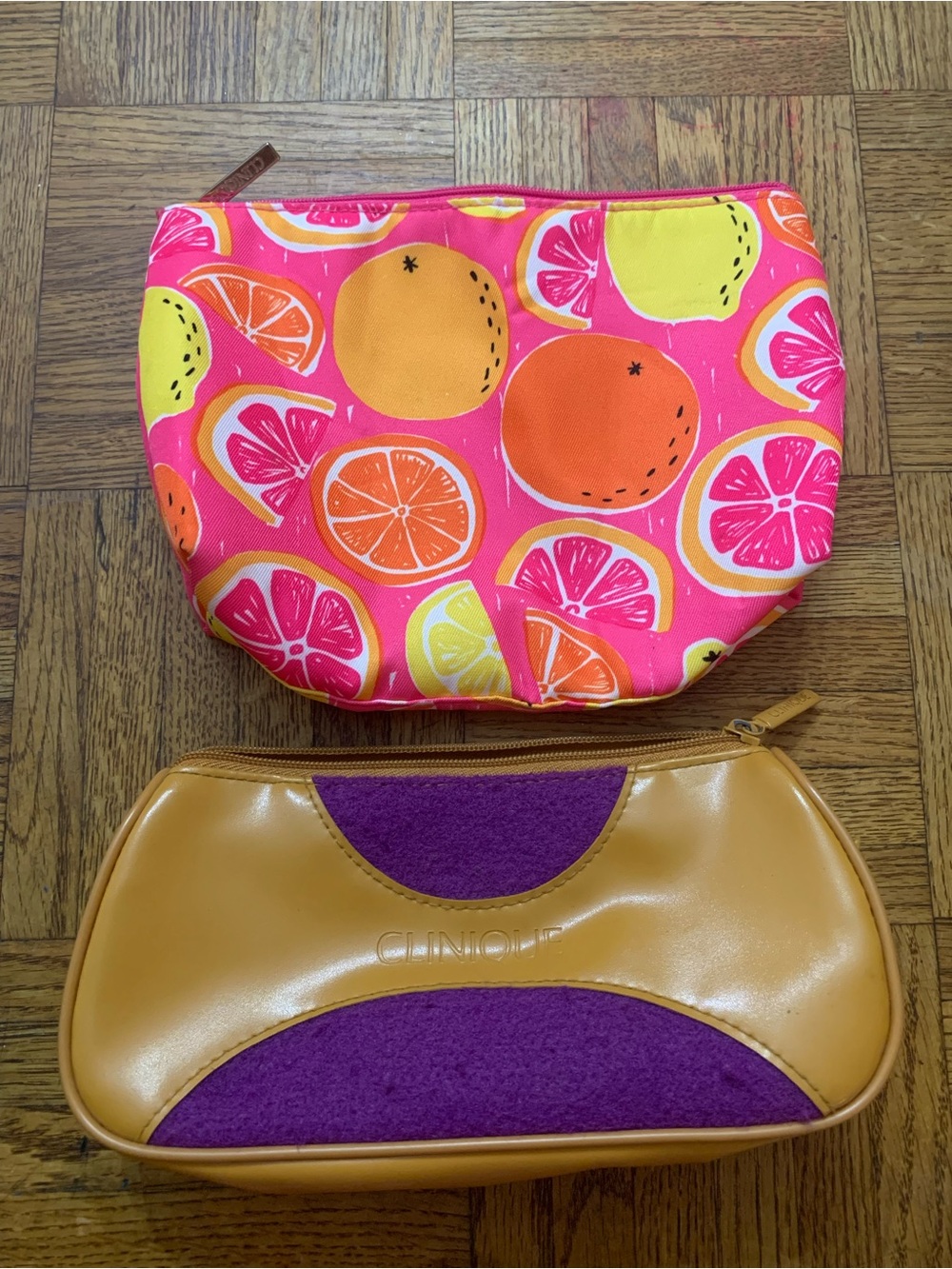 Clinique Tan & Purple Cosmetic Pouch Set - Orange/Pink Fruit Print and Tan